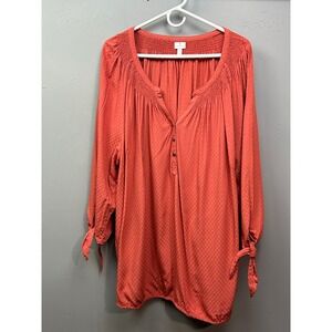 Dressbarn Women's Coral Textured Smocked Neck Tunic Top‎ 3X Tie Sleeve